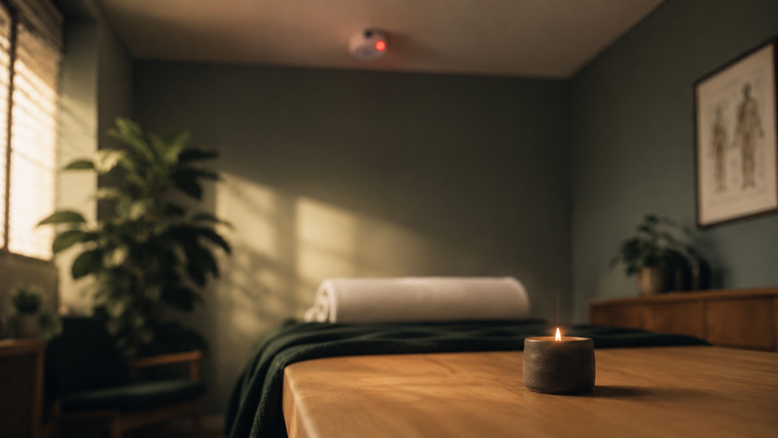 Ruhiger Behandlungsraum, an der Decke ein Rauchmelder mit rotem Licht